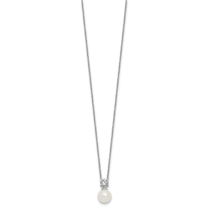 Sterling Silver Rhodium-plated Polished CZ and 7-8mm Shell Pearl 15.5 inch with 2 inch Extender Necklace