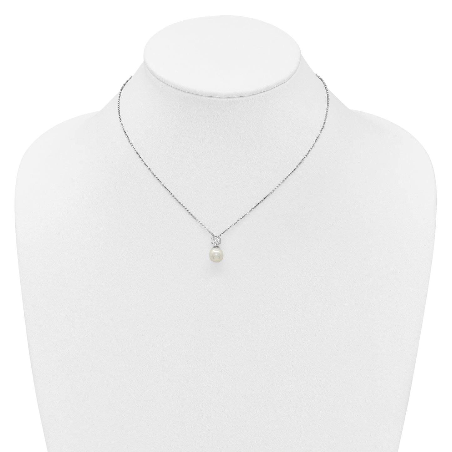 Sterling Silver Rhodium-plated Polished CZ and 7-8mm Shell Pearl 15.5 inch with 2 inch Extender Necklace
