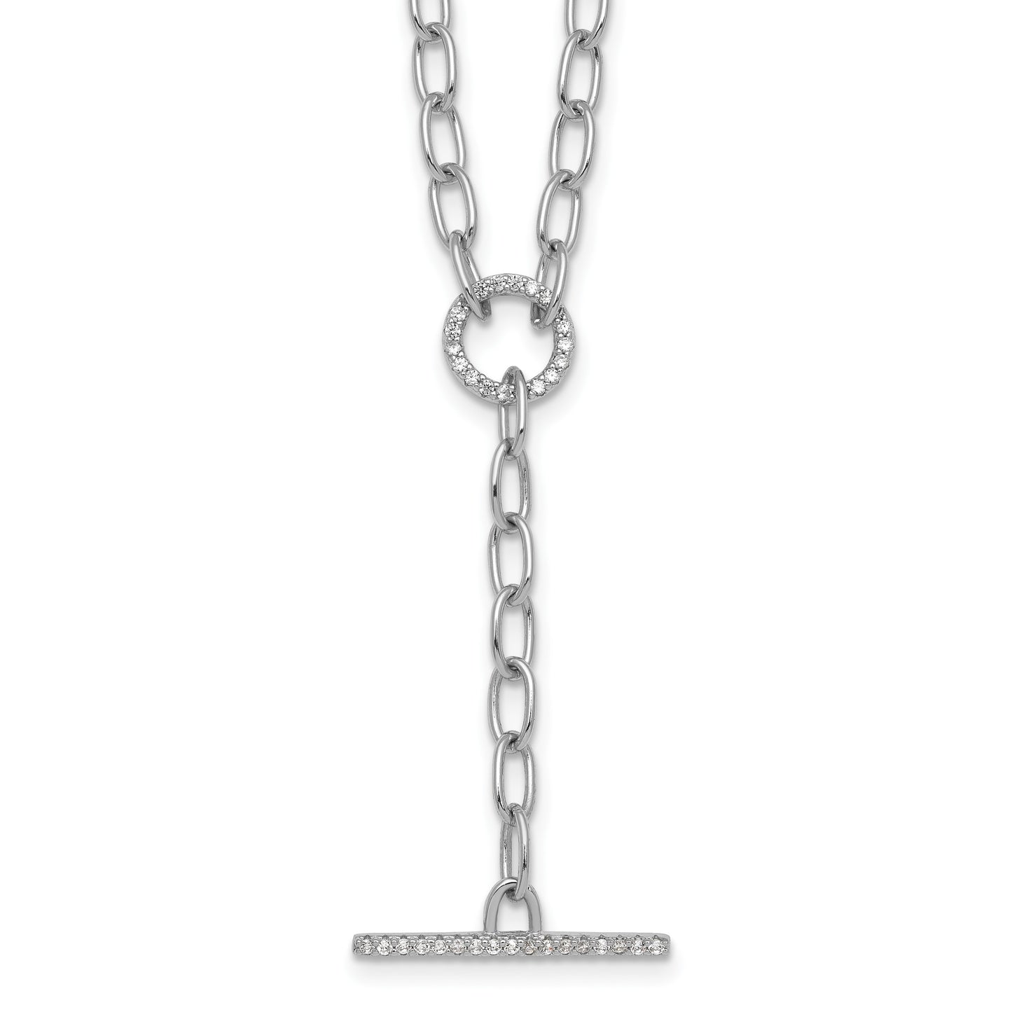 Sterling Silver Rhodium-plated Polished CZ Paperclip Lariat 17 Inch Necklace