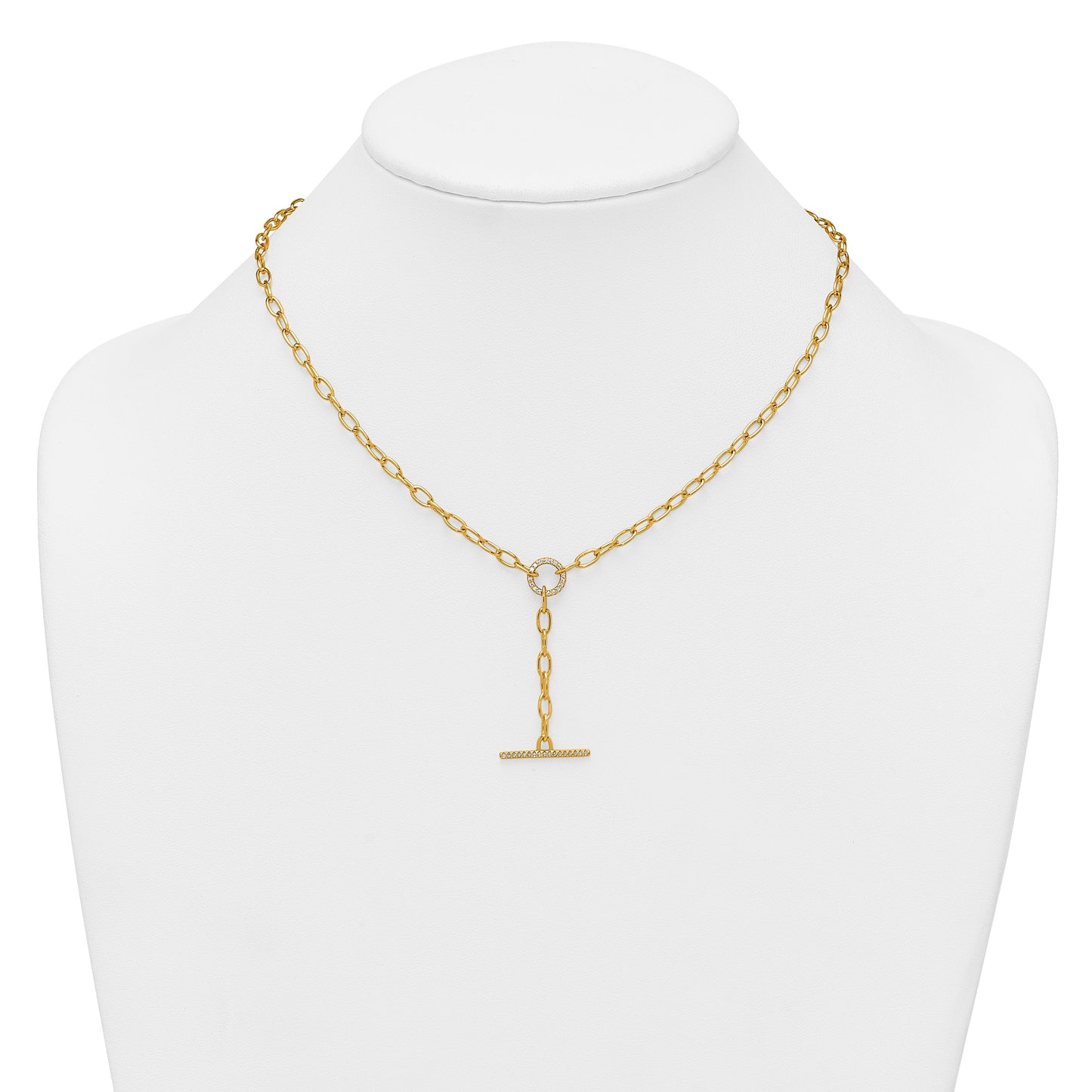 Sterling Silver Gold-tone Polished CZ Paperclip Lariat 17 Inch Necklace