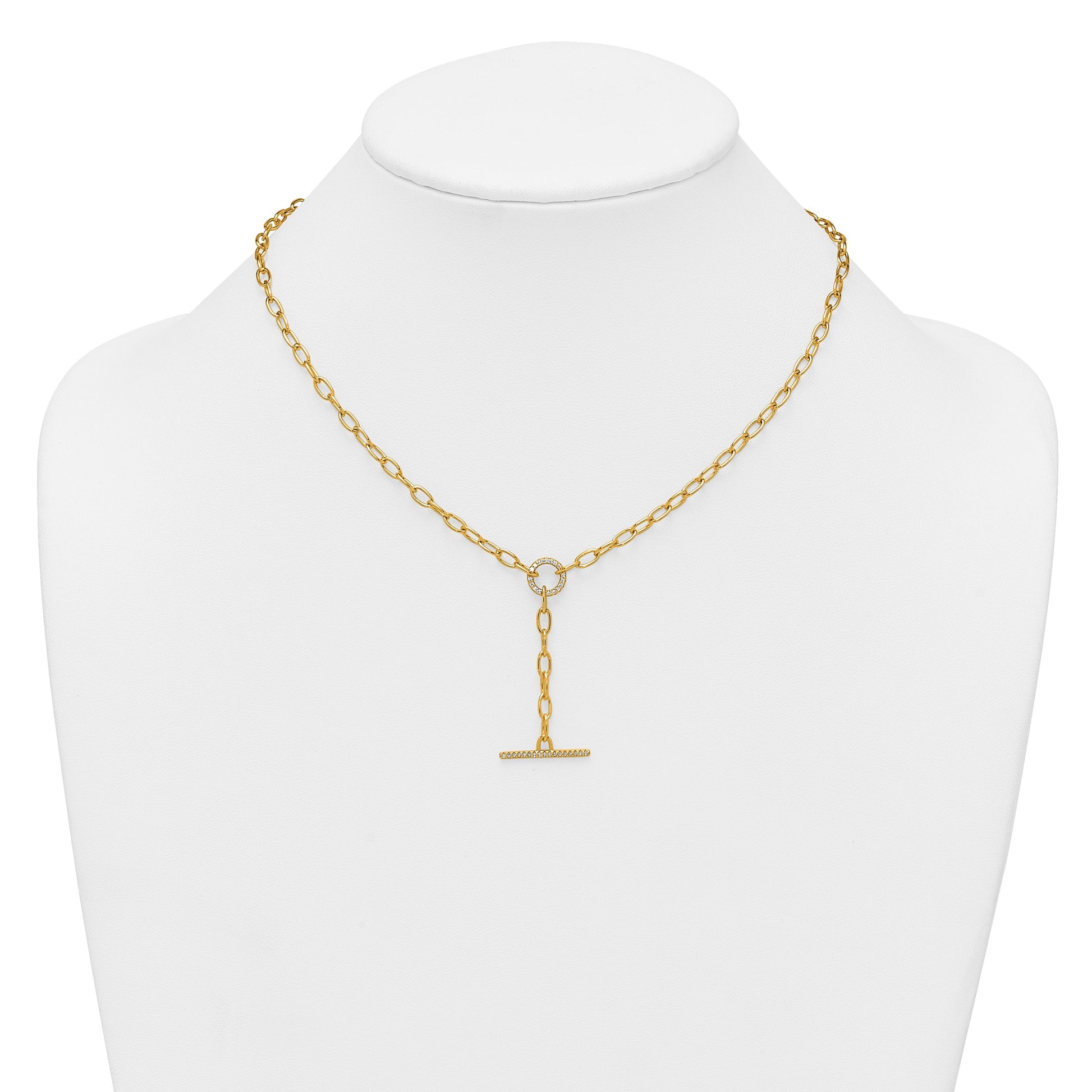 Sterling Silver Gold-tone Polished CZ Paperclip Lariat 17 Inch Necklace