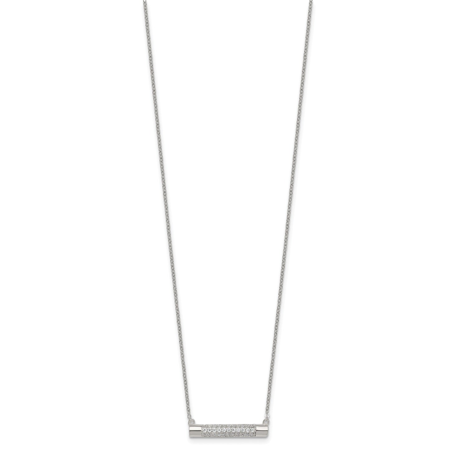 Sterling Silver Polished Pave CZ Rounded Bar 16 Inch with 2 Inch Extension Necklace