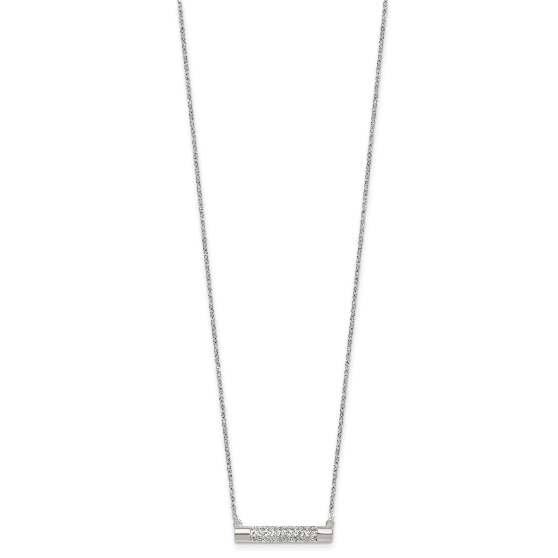 Sterling Silver Polished Pave CZ Rounded Bar 16 Inch with 2 Inch Extension Necklace