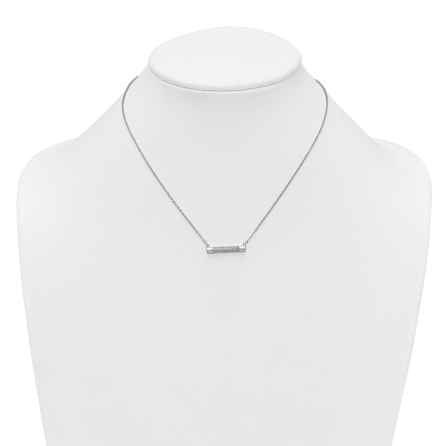 Sterling Silver Polished Pave CZ Rounded Bar 16 Inch with 2 Inch Extension Necklace