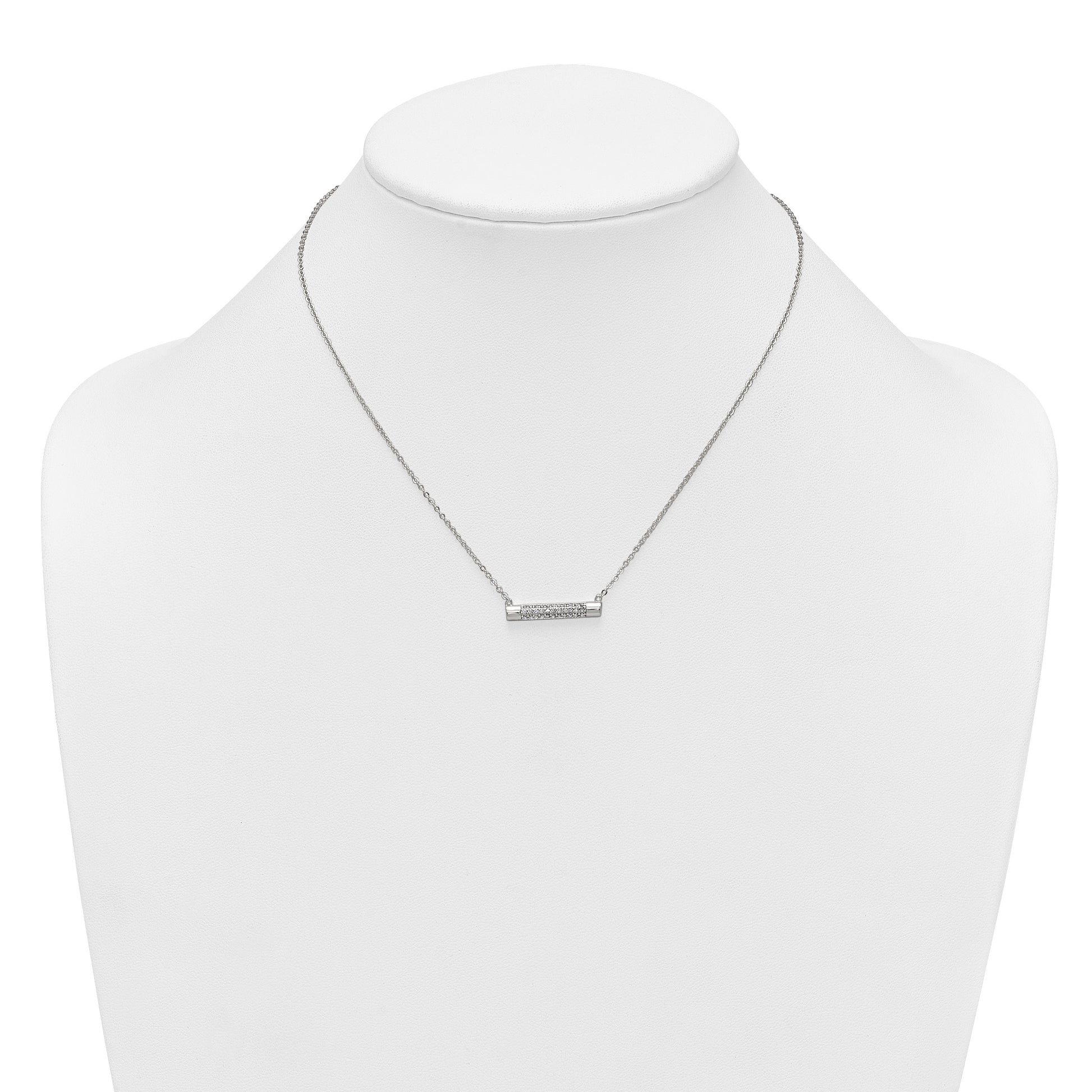 Sterling Silver Polished Pave CZ Rounded Bar 16 Inch with 2 Inch Extension Necklace