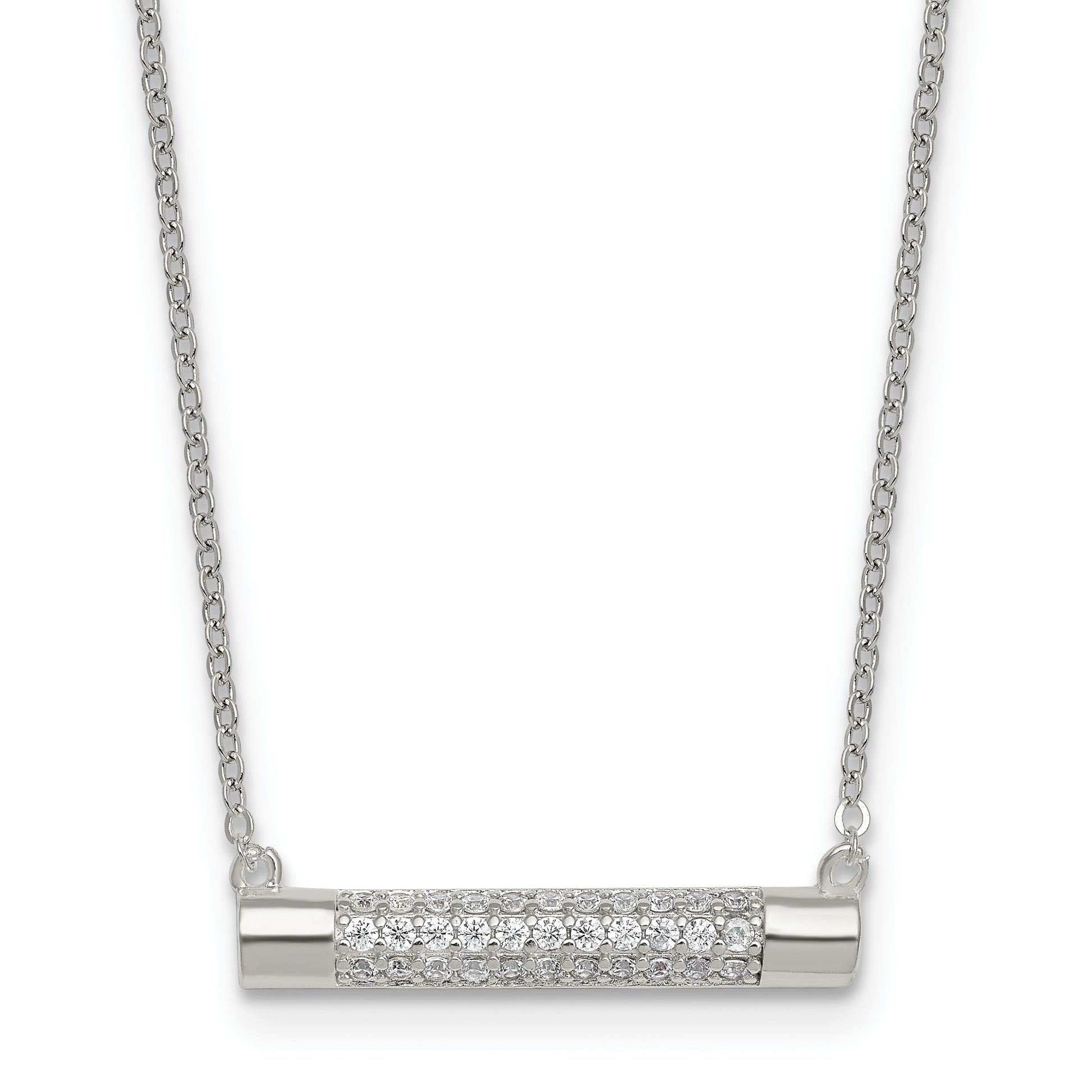 Sterling Silver Polished Pave CZ Rounded Bar 16 Inch with 2 Inch Extension Necklace