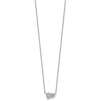 Sterling Silver Rhodium-plated Polished Heart and Rectangle with Round and Baguette CZ 16 Inch with 2 Inch Extension Necklace