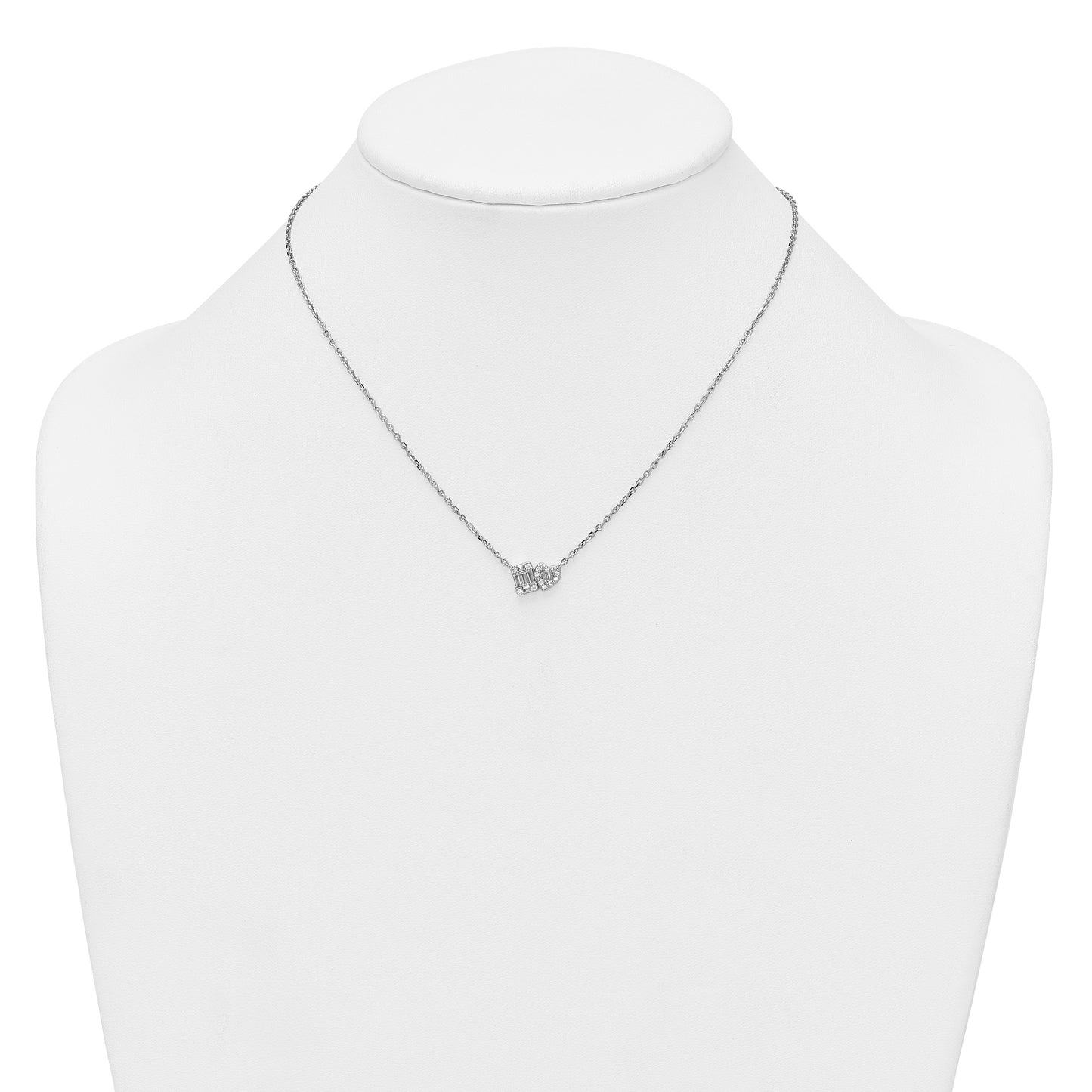 Sterling Silver Rhodium-plated Polished Heart and Rectangle with Round and Baguette CZ 16 Inch with 2 Inch Extension Necklace