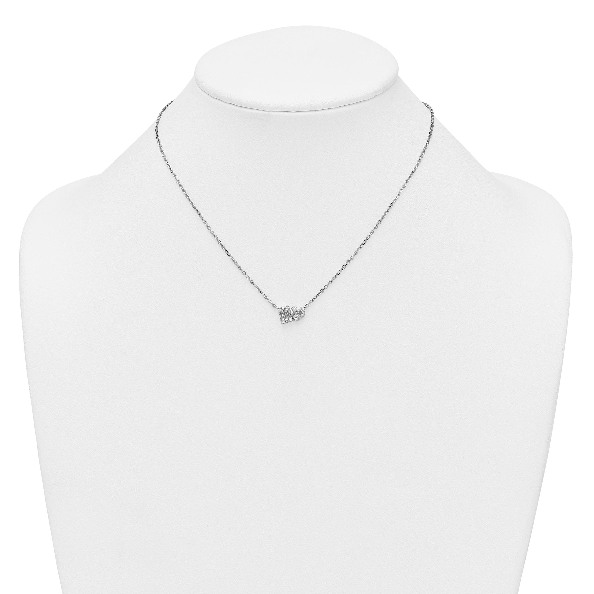 Sterling Silver Rhodium-plated Polished Heart and Rectangle with Round and Baguette CZ 16 Inch with 2 Inch Extension Necklace