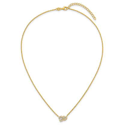 Sterling Silver Gold-tone Polished Heart and Rectangle with Round and Baguette CZ 16 Inch with 2 Inch Extension Necklace