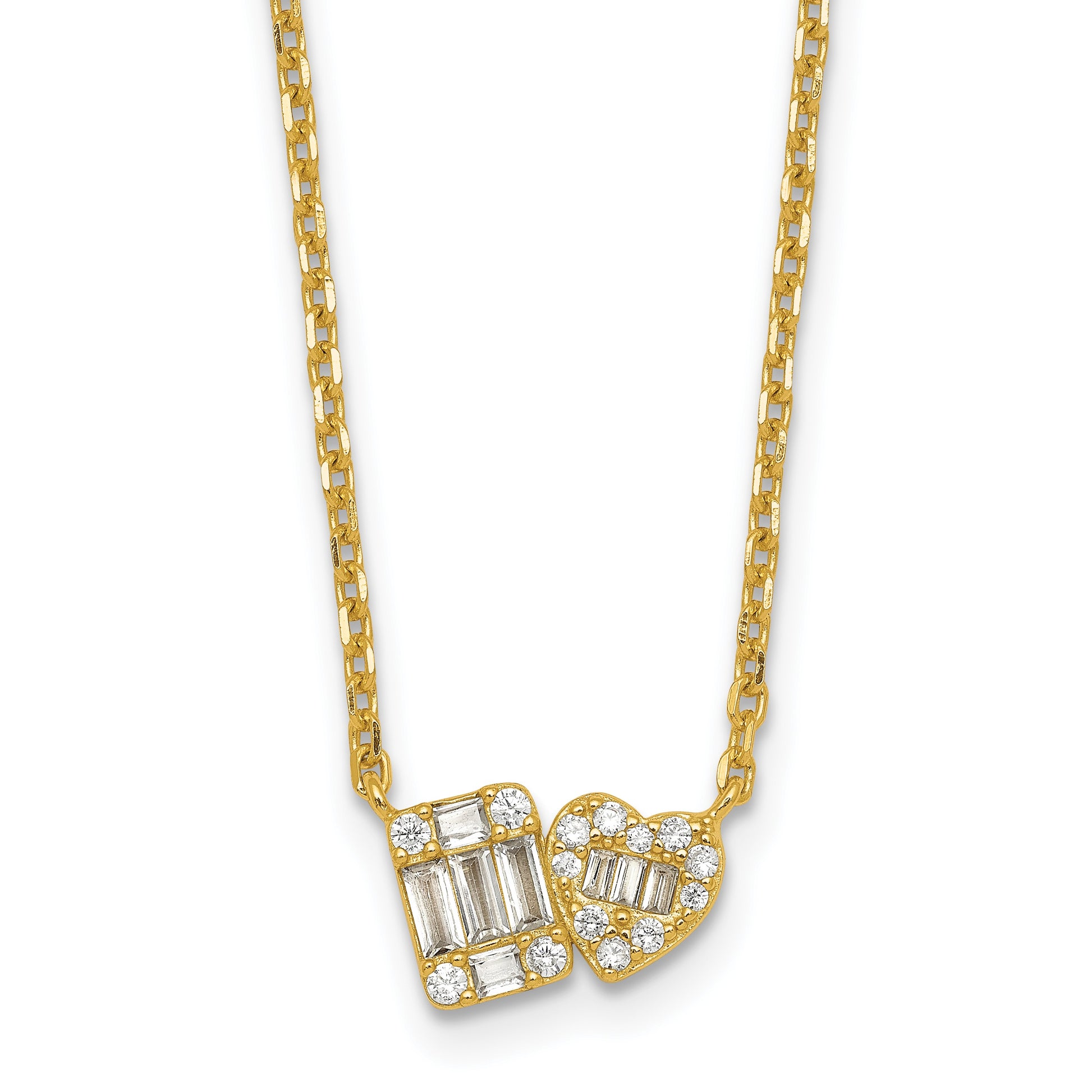 Sterling Silver Gold-tone Polished Heart and Rectangle with Round and Baguette CZ 16 Inch with 2 Inch Extension Necklace
