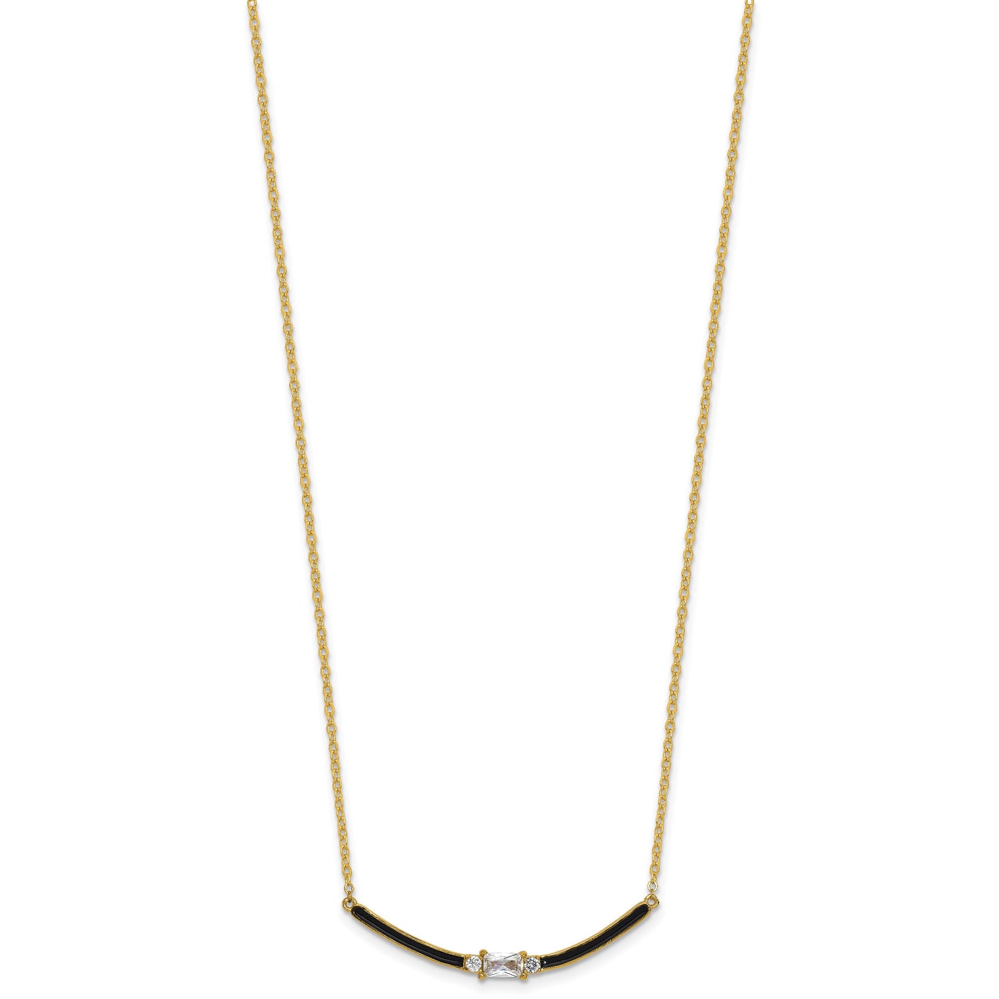 Sterling Silver Gold-tone Polished Black Enameled and CZ Curved Bar 16 Inch with 2 Inch Extension Necklace