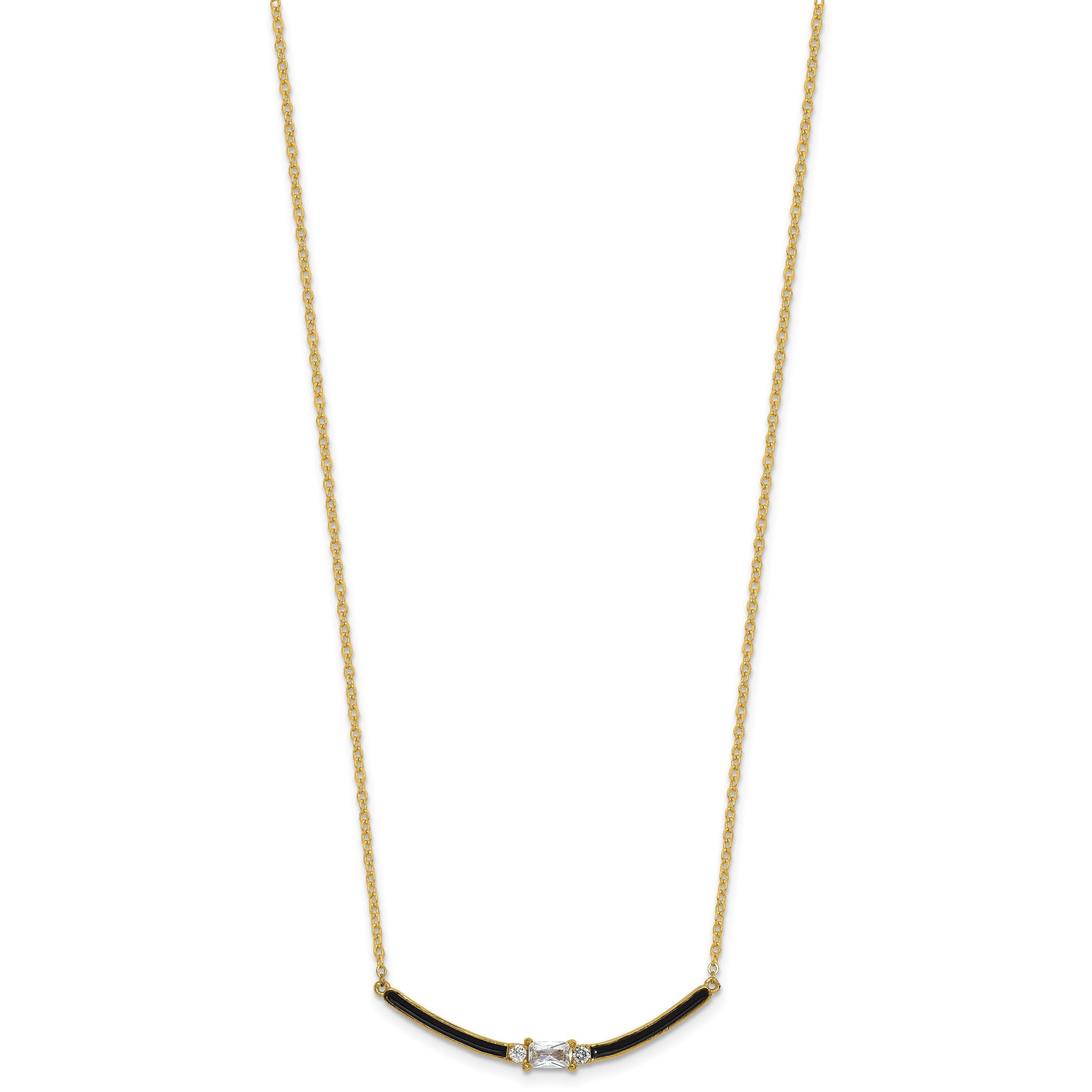 Sterling Silver Gold-tone Polished Black Enameled and CZ Curved Bar 16 Inch with 2 Inch Extension Necklace