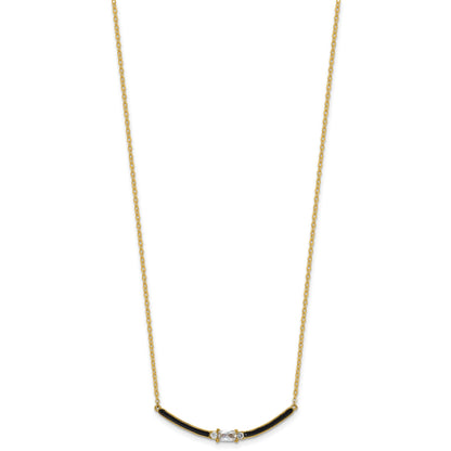 Sterling Silver Gold-tone Polished Black Enameled and CZ Curved Bar 16 Inch with 2 Inch Extension Necklace