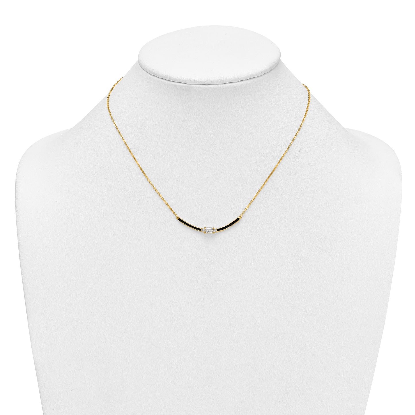 Sterling Silver Gold-tone Polished Black Enameled and CZ Curved Bar 16 Inch with 2 Inch Extension Necklace