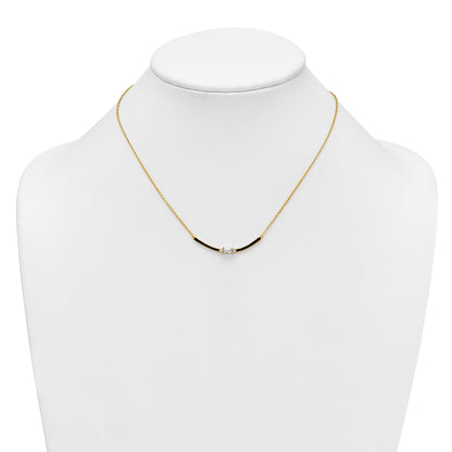 Sterling Silver Gold-tone Polished Black Enameled and CZ Curved Bar 16 Inch with 2 Inch Extension Necklace