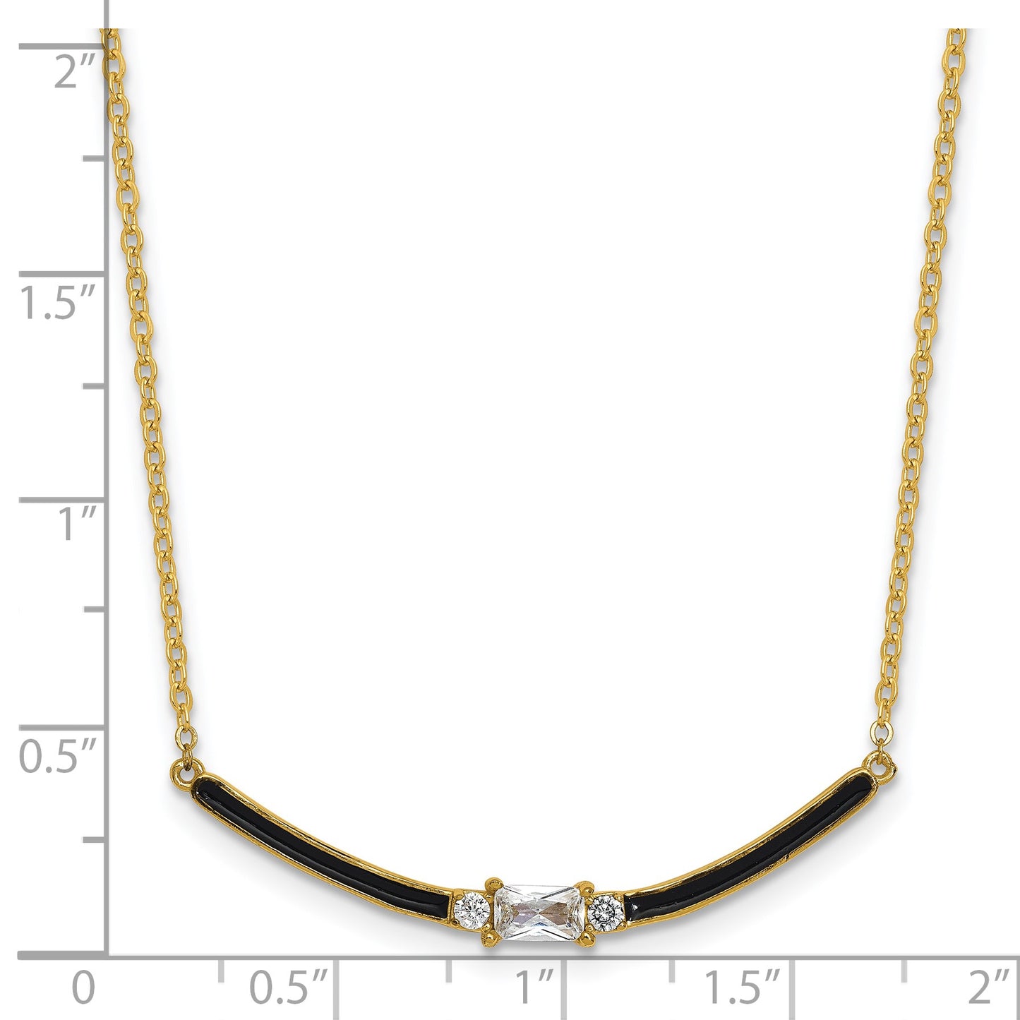 Sterling Silver Gold-tone Polished Black Enameled and CZ Curved Bar 16 Inch with 2 Inch Extension Necklace