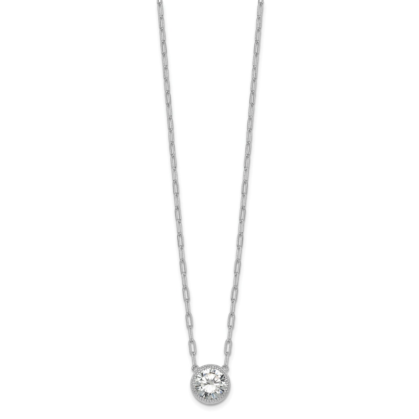 Sterling Silver Rhodium-plated Polished Round CZ with Paperclip Chain 16 inch with 2 inch Extension Necklace