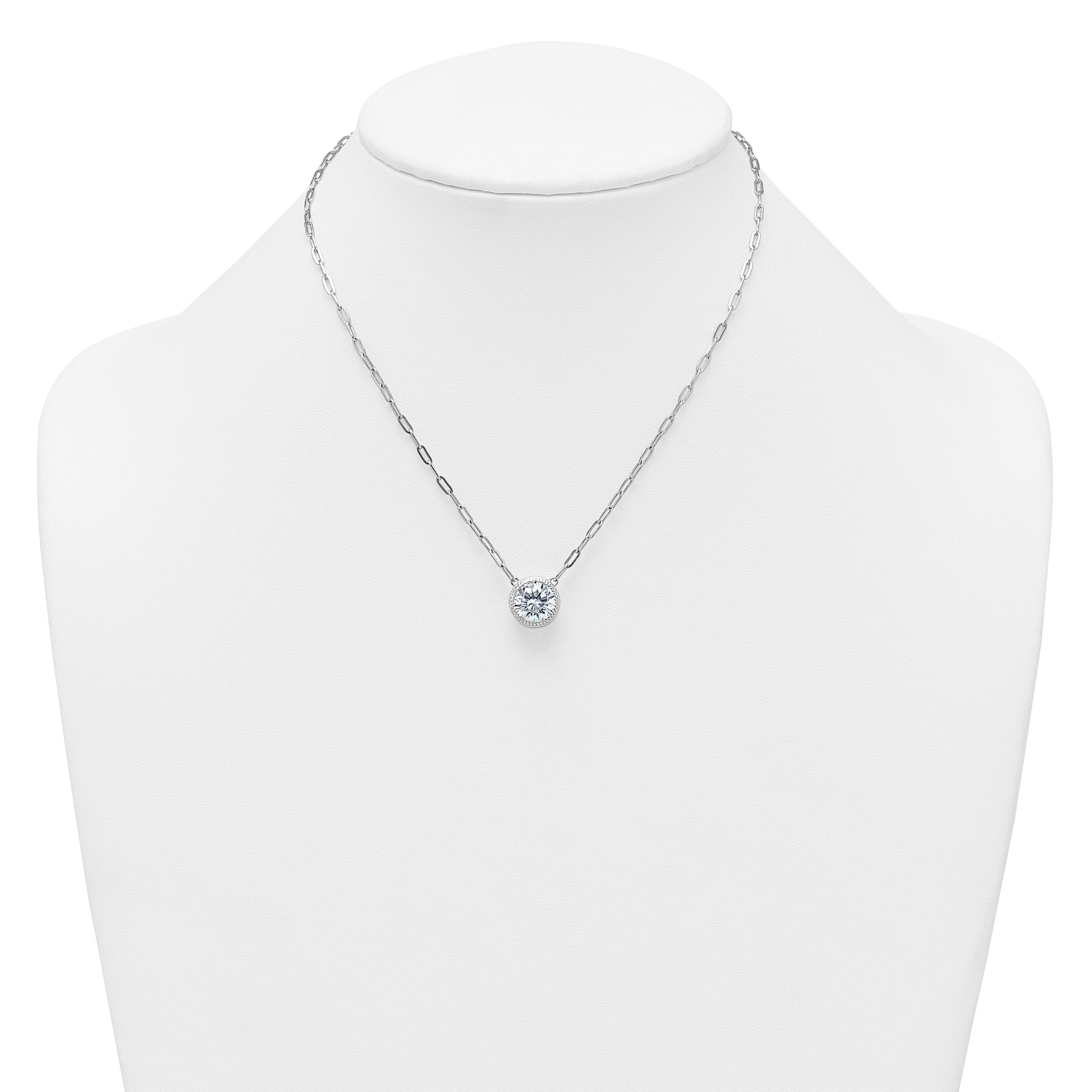 Sterling Silver Rhodium-plated Polished Round CZ with Paperclip Chain 16 inch with 2 inch Extension Necklace