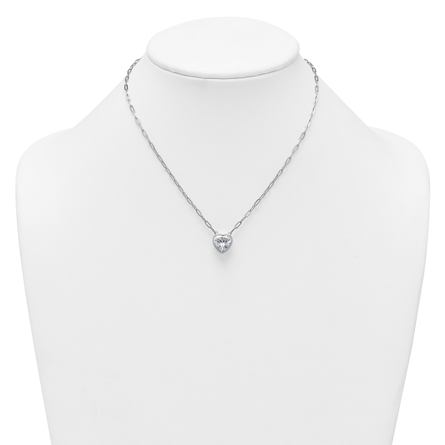 Sterling Silver Rhodium-plated Polished Heart CZ with Paperclip Chain 16 inch with 1.75 inch Extension Necklace