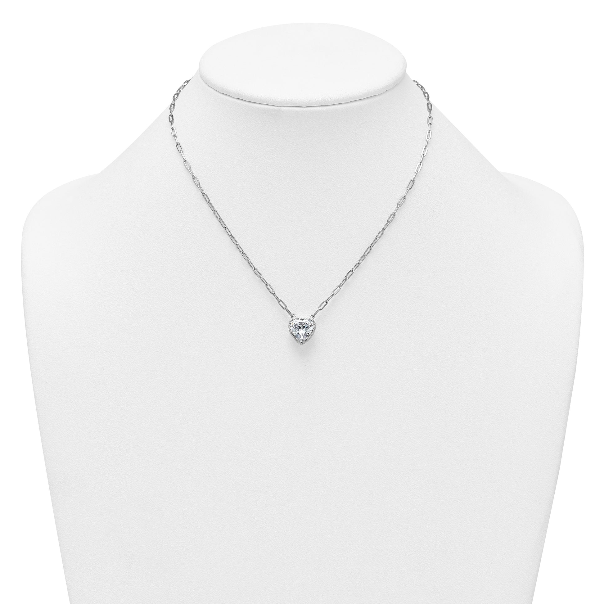 Sterling Silver Rhodium-plated Polished Heart CZ with Paperclip Chain 16 inch with 1.75 inch Extension Necklace