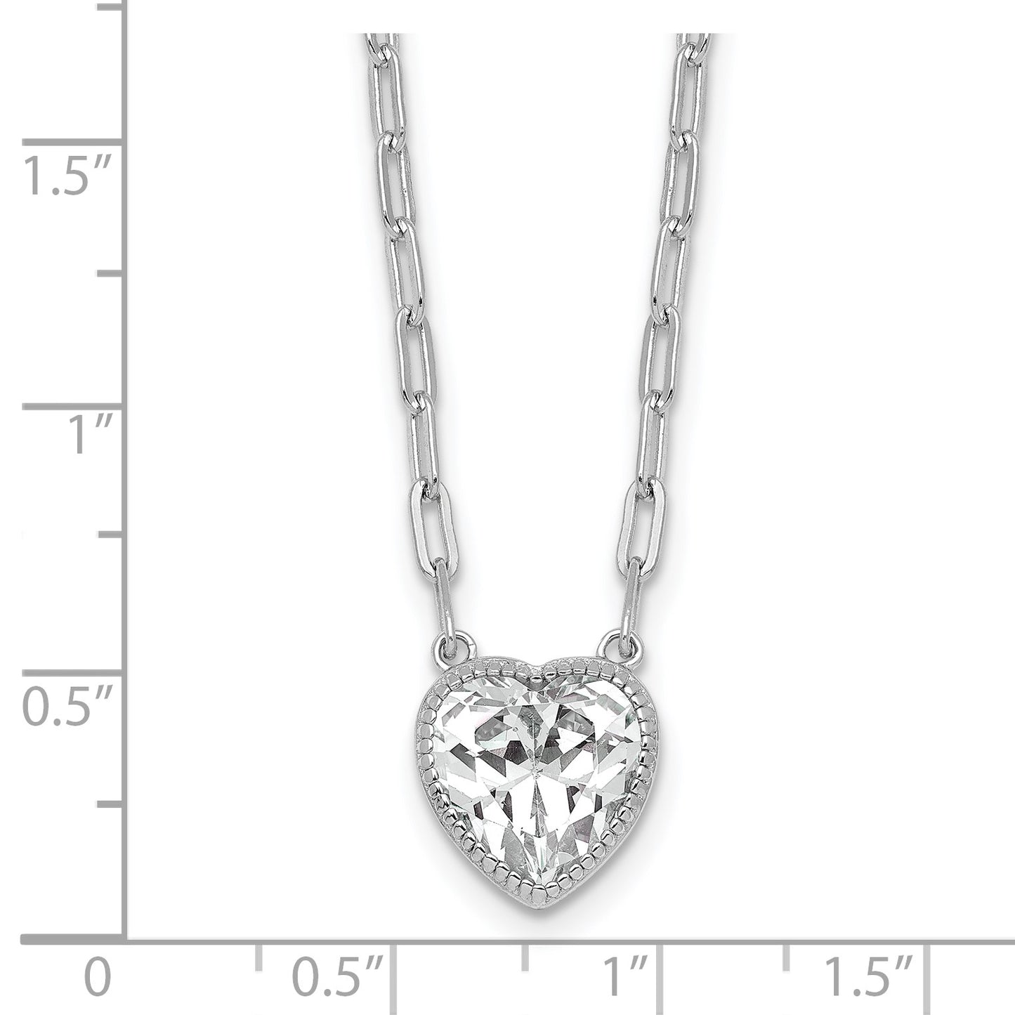 Sterling Silver Rhodium-plated Polished Heart CZ with Paperclip Chain 16 inch with 1.75 inch Extension Necklace