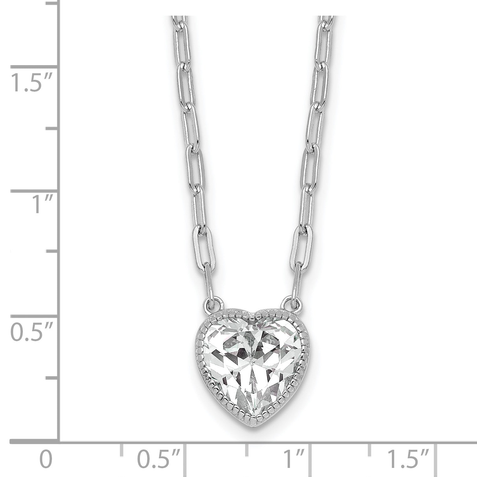 Sterling Silver Rhodium-plated Polished Heart CZ with Paperclip Chain 16 inch with 1.75 inch Extension Necklace
