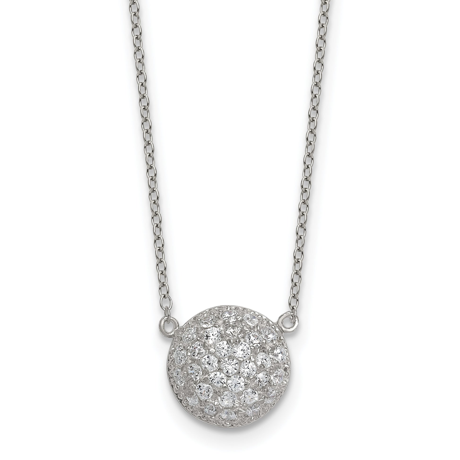 Sterling Silver Polished 11.00mm Pave CZ Circle 16 Inch with 2 Inch Extension Necklace