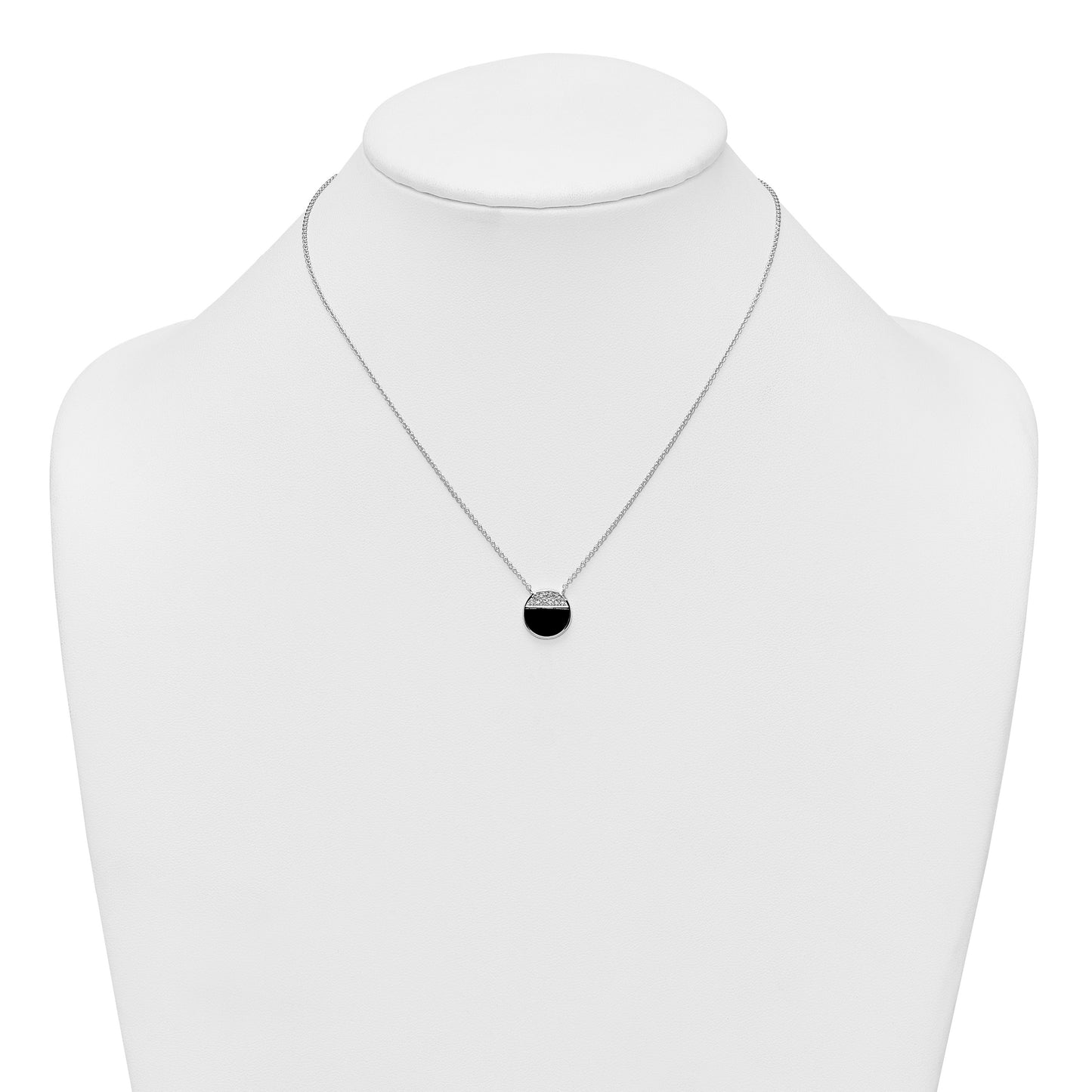 Sterling Silver Rhodium-plated Polished Black Onyx and CZ Circle 16 inch with 2 inch Extender Necklace