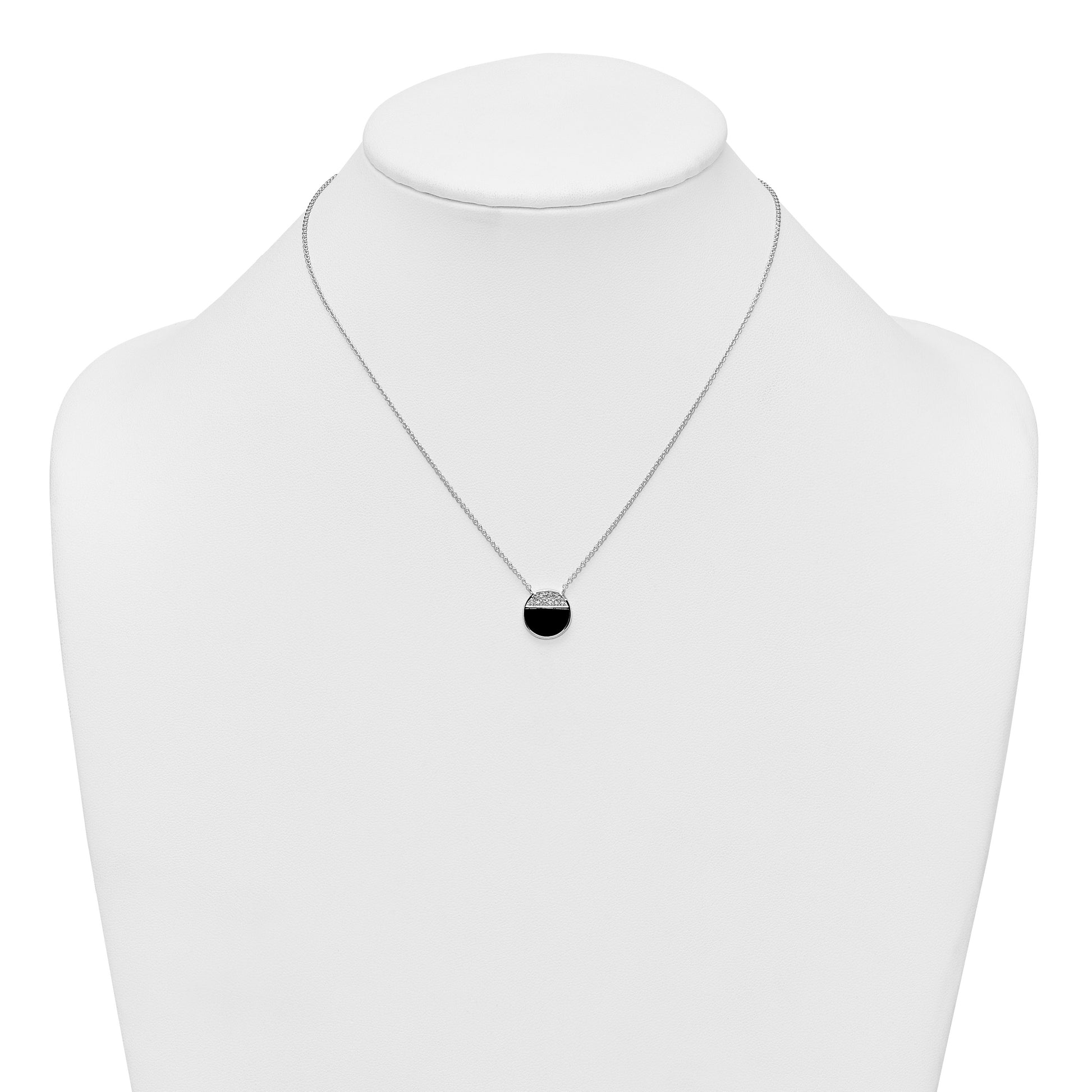 Sterling Silver Rhodium-plated Polished Black Onyx and CZ Circle 16 inch with 2 inch Extender Necklace