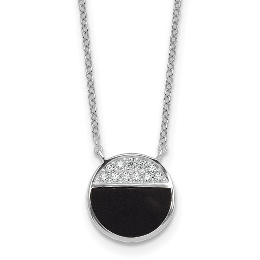 Sterling Silver Rhodium-plated Polished Black Onyx and CZ Circle 16 inch with 2 inch Extender Necklace