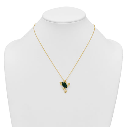 Sterling Silver Gold-tone CZ and Lab Created Malachite Frog 18 inch Necklace