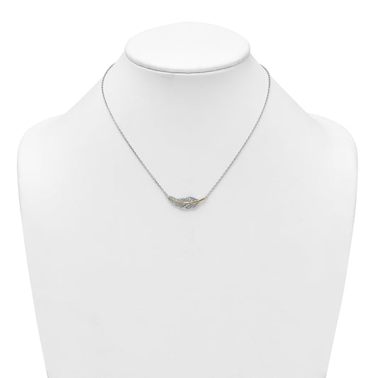 Sterling Silver Rhodium-plated with 14k Accent Polished CZ Feather 16 inch with 2 inch Extension Necklace