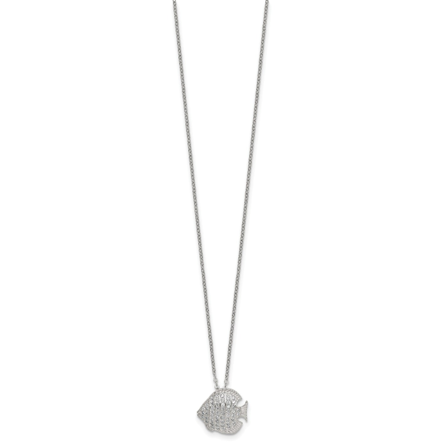 Sterling Silver Polished and Grooved CZ Fish 16 Inch with 2 Inch Extension Necklace