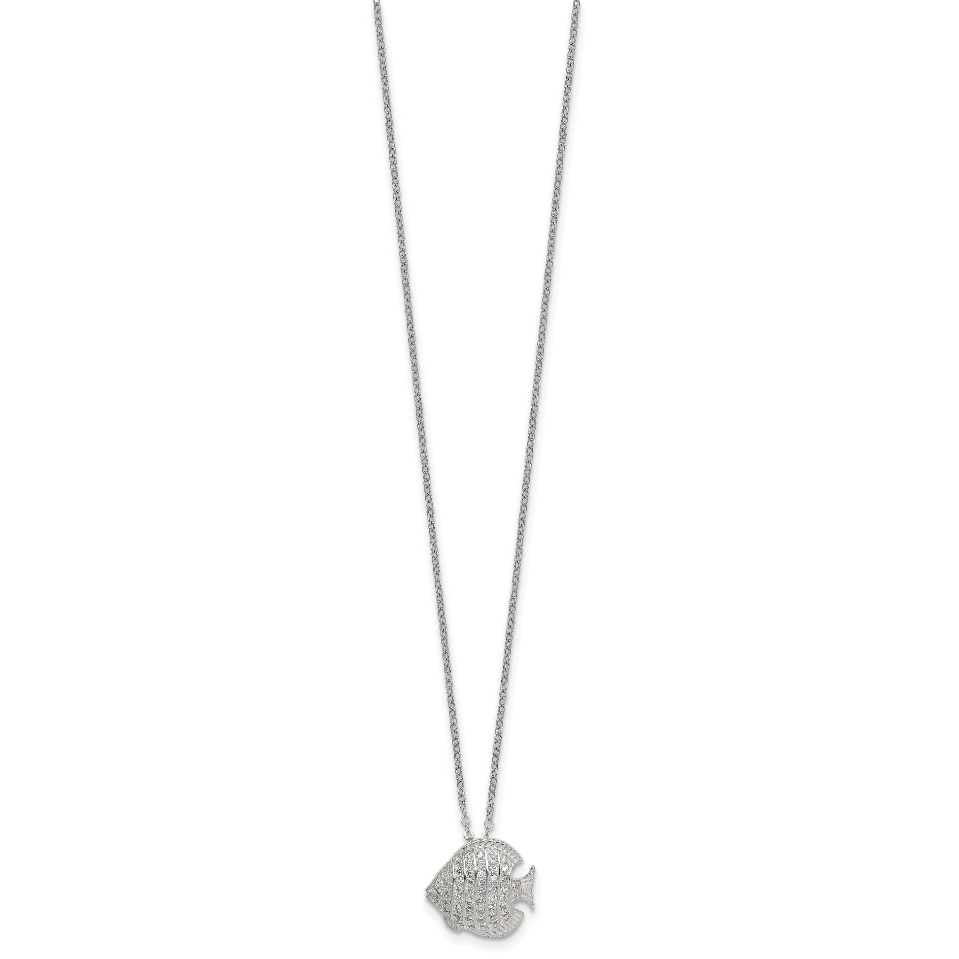 Sterling Silver Polished and Grooved CZ Fish 16 Inch with 2 Inch Extension Necklace