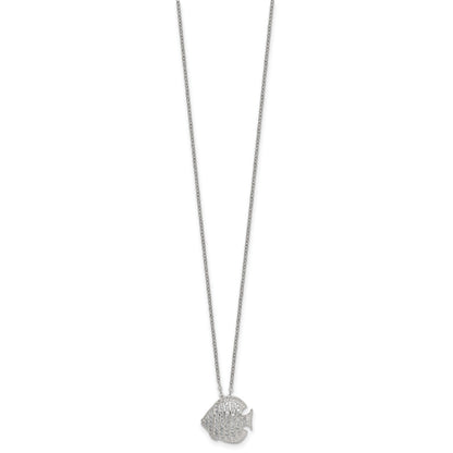 Sterling Silver Polished and Grooved CZ Fish 16 Inch with 2 Inch Extension Necklace