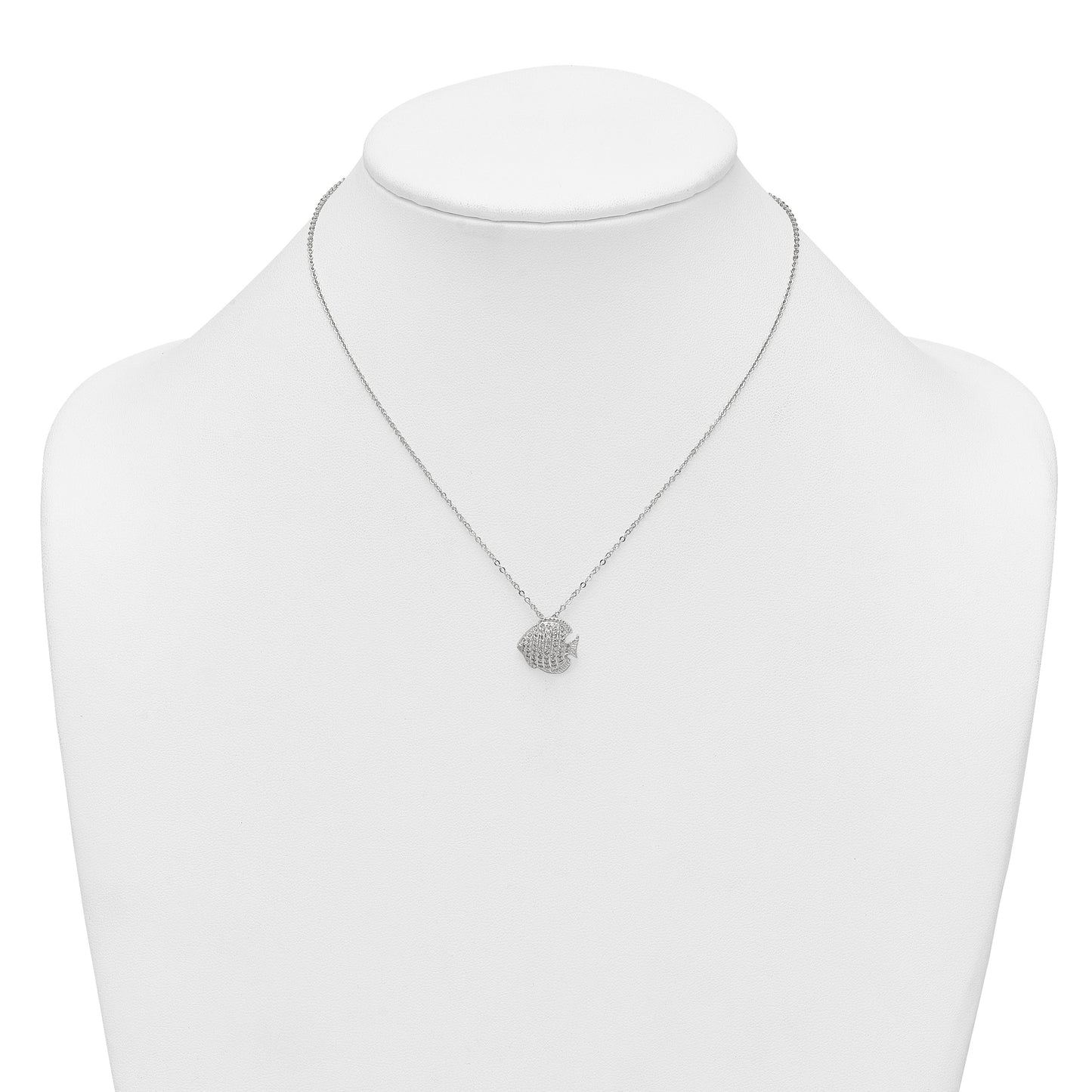 Sterling Silver Polished and Grooved CZ Fish 16 Inch with 2 Inch Extension Necklace