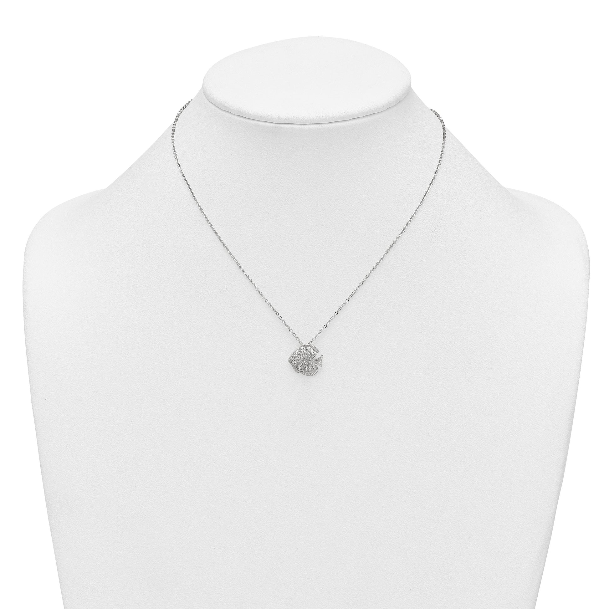 Sterling Silver Polished and Grooved CZ Fish 16 Inch with 2 Inch Extension Necklace