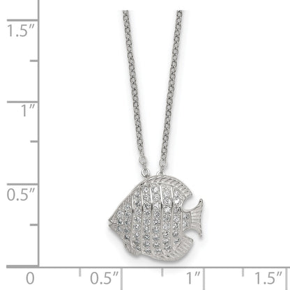 Sterling Silver Polished and Grooved CZ Fish 16 Inch with 2 Inch Extension Necklace