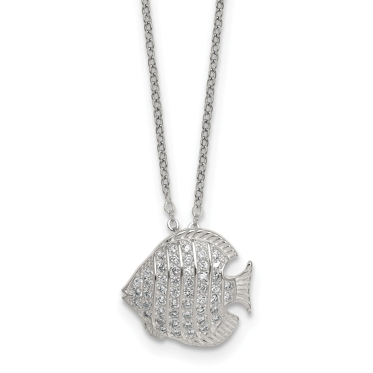 Sterling Silver Polished and Grooved CZ Fish 16 Inch with 2 Inch Extension Necklace