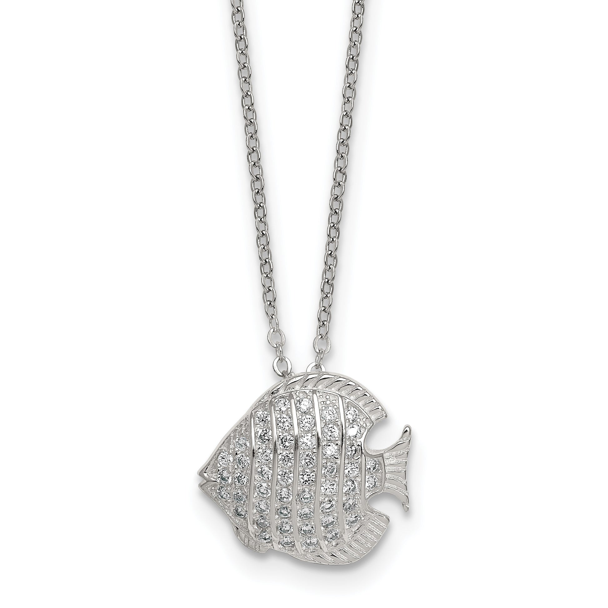 Sterling Silver Polished and Grooved CZ Fish 16 Inch with 2 Inch Extension Necklace