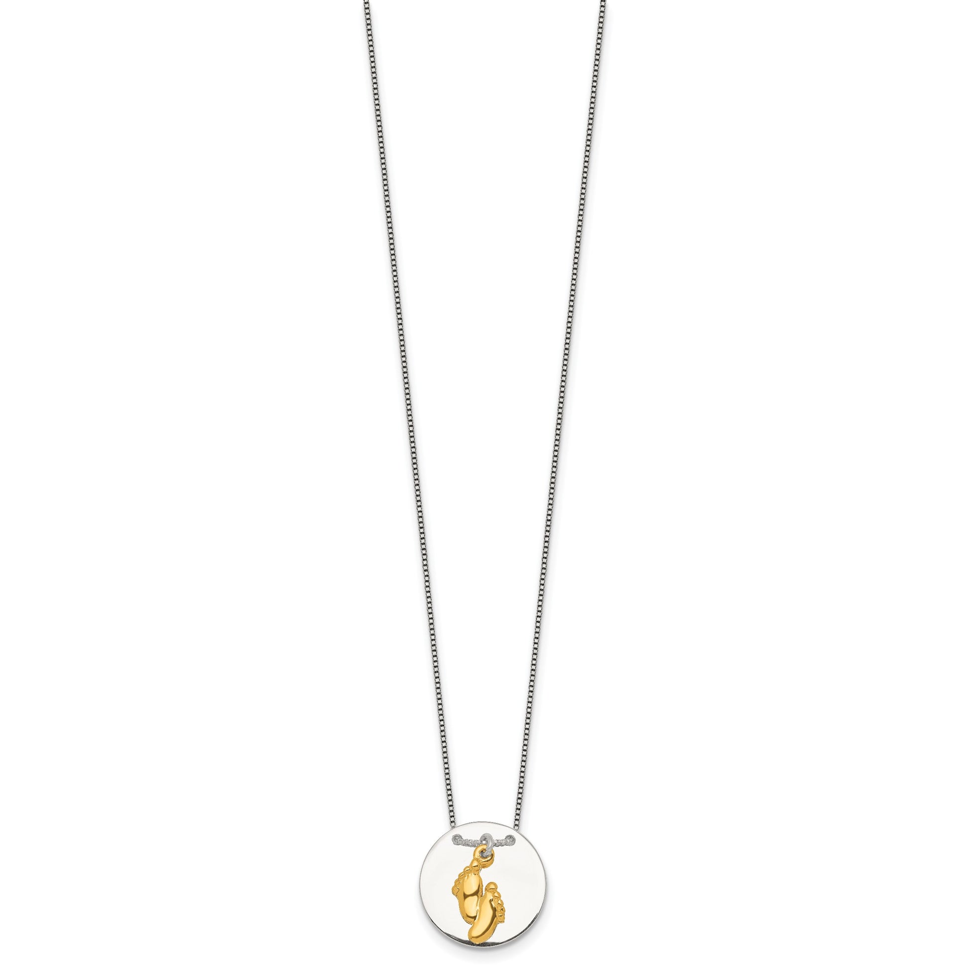 Sterling Silver with Gold-tone Polished Footprint Dangle on Disc 16 inch Necklace