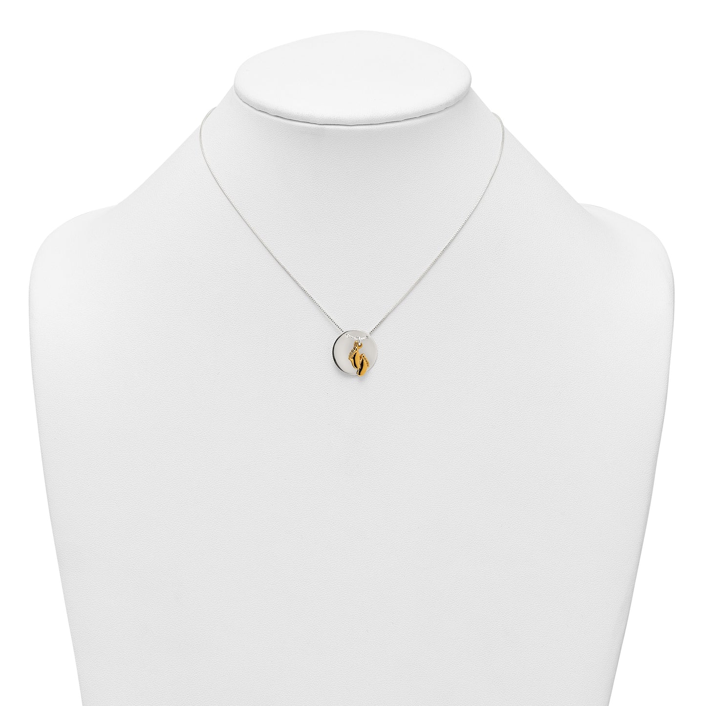 Sterling Silver with Gold-tone Polished Footprint Dangle on Disc 16 inch Necklace