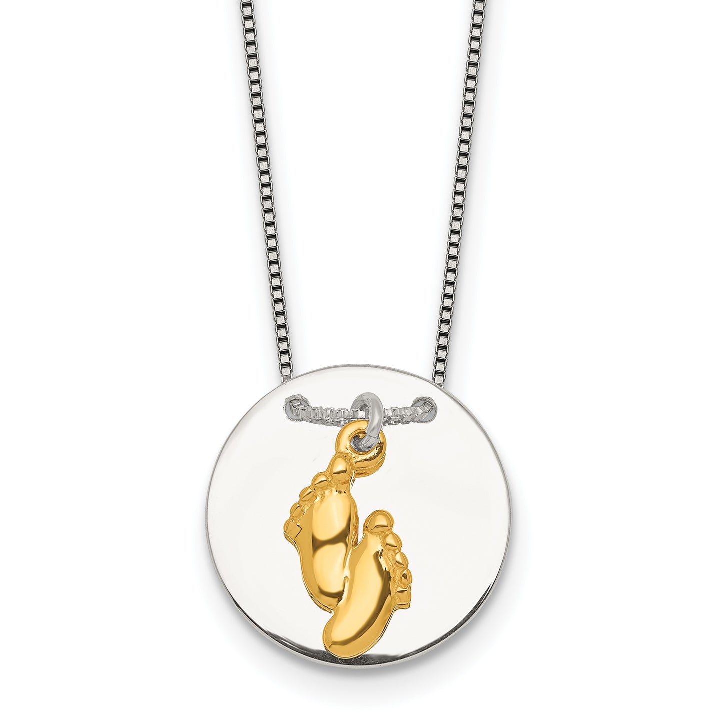 Sterling Silver with Gold-tone Polished Footprint Dangle on Disc 16 inch Necklace