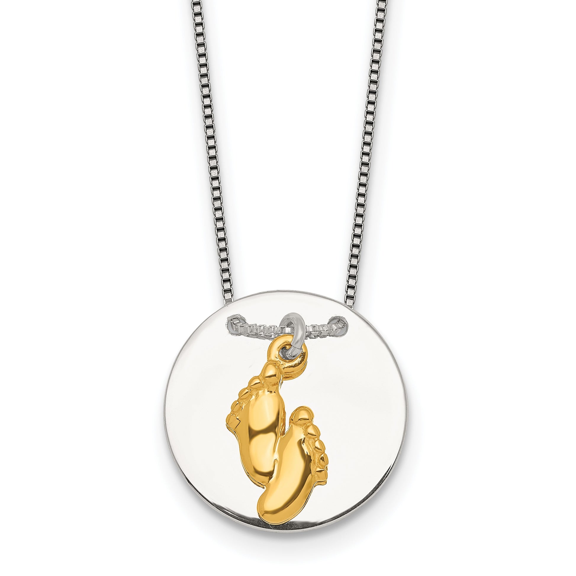 Sterling Silver with Gold-tone Polished Footprint Dangle on Disc 16 inch Necklace