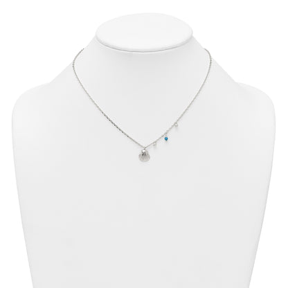 Sterling Silver Polished Beaded Turquoise and Grooved Seashell 16 inch with 2 inch Extension Necklace