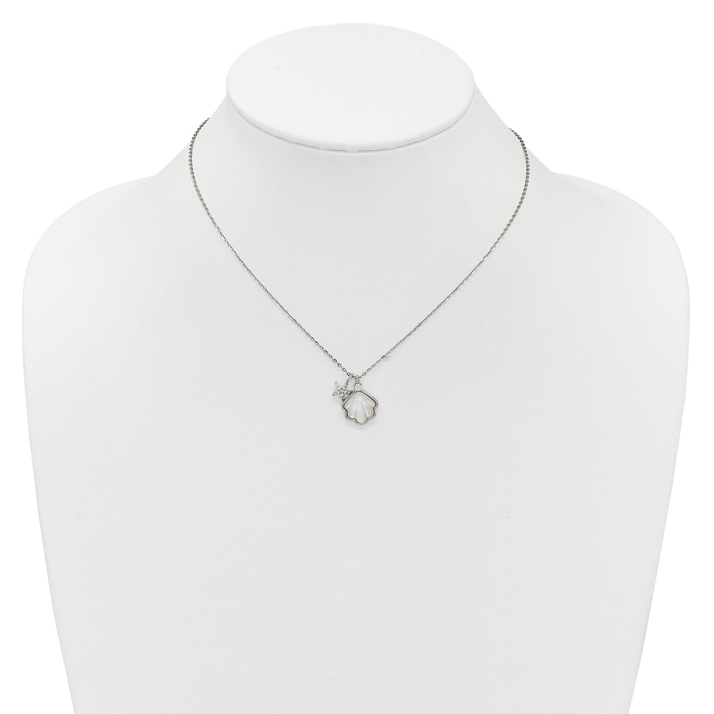Sterling Silver Rhodium-plated Polished Mother of Pearl Shell and CZ Starfish 16 Inch with 2 Inch Extension Necklace