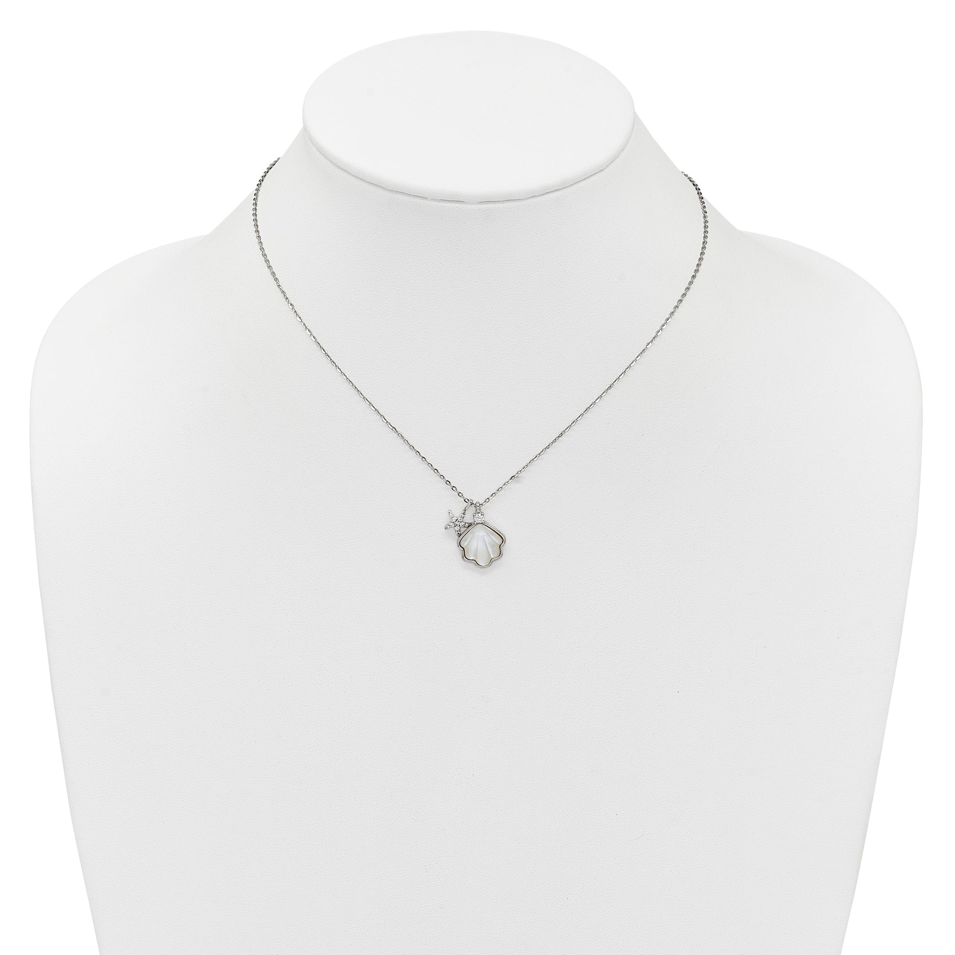 Sterling Silver Rhodium-plated Polished Mother of Pearl Shell and CZ Starfish 16 Inch with 2 Inch Extension Necklace