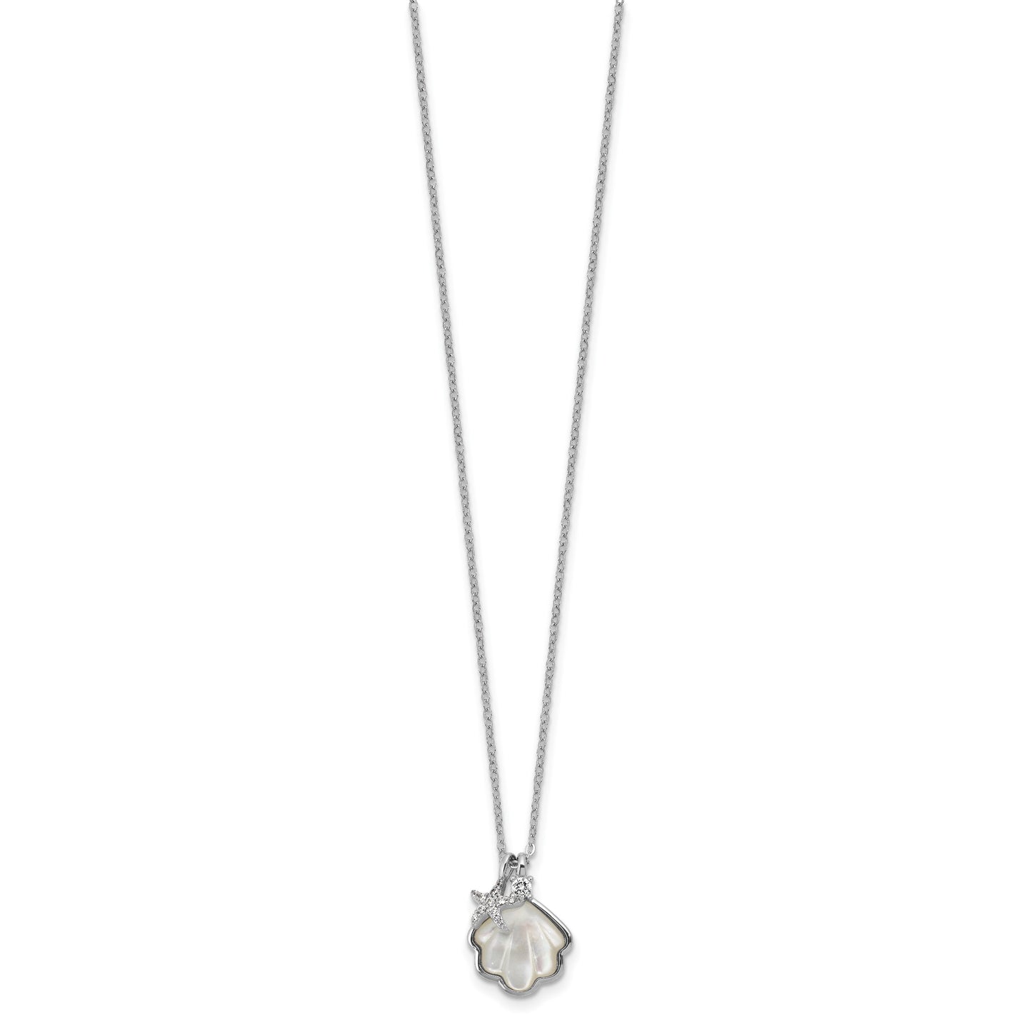 Sterling Silver Rhodium-plated Polished Mother of Pearl Shell and CZ Starfish 16 Inch with 2 Inch Extension Necklace
