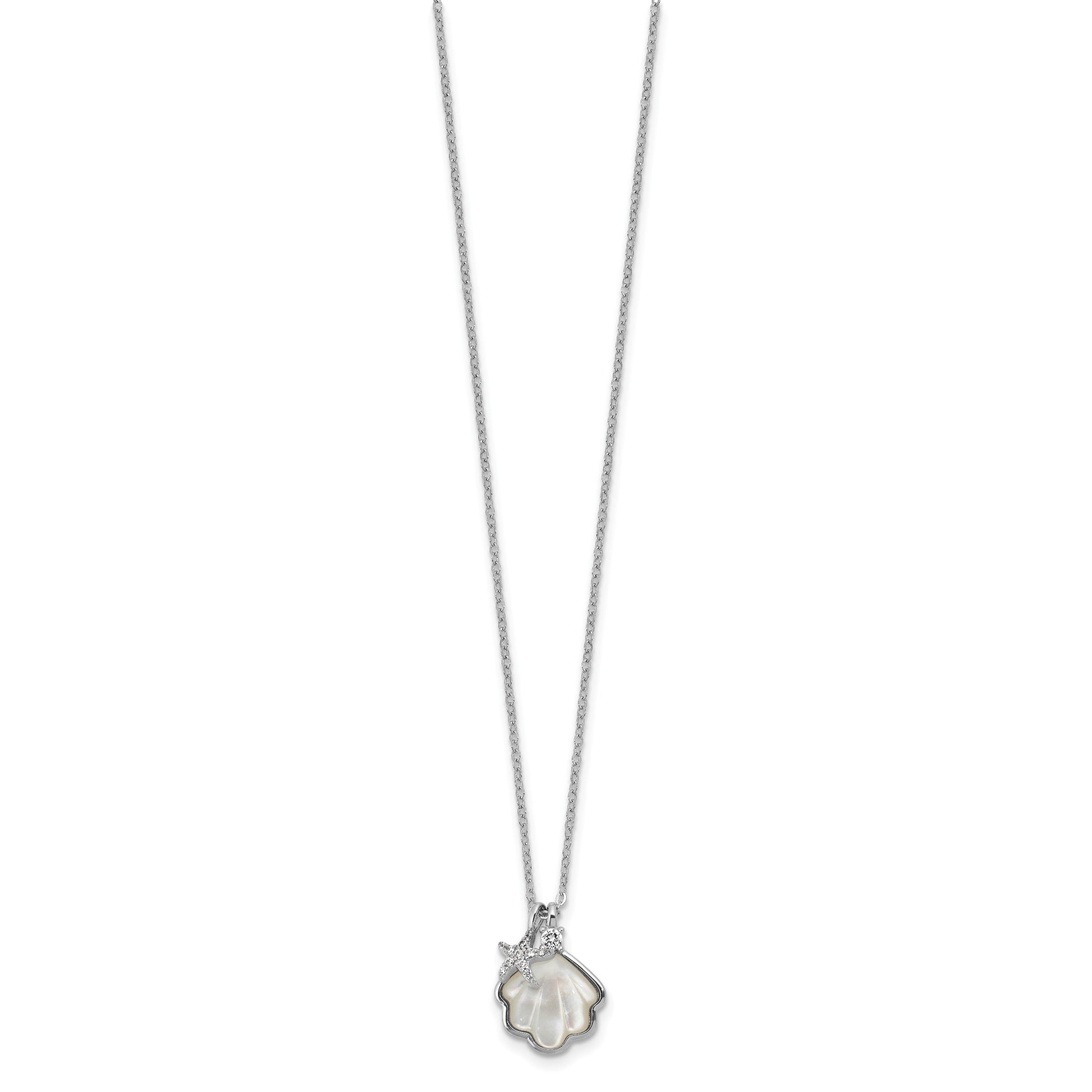 Sterling Silver Rhodium-plated Polished Mother of Pearl Shell and CZ Starfish 16 Inch with 2 Inch Extension Necklace